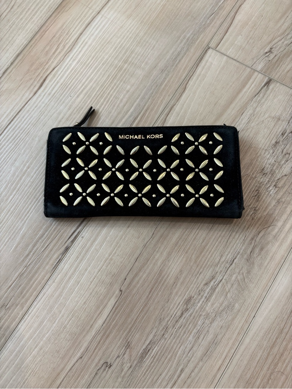 Michael Kors Black Wallet with Gold Floral Stud Accents